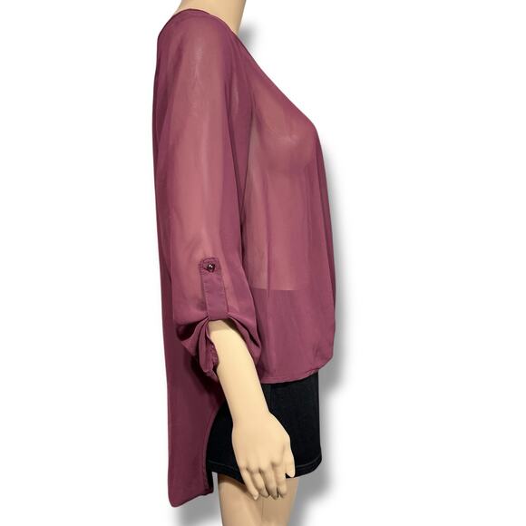 Maurices Womens Sheer Blouse Top Pullover Keyhole Wrap Front High Low Hem Red M - Picture 2 of 8